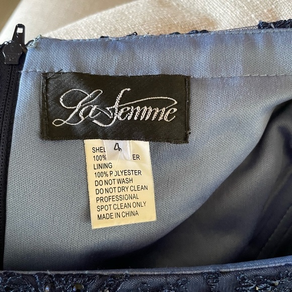 La Femme Beaded Lace Cocktail Navy Midi Dress - Picture 12 of 12